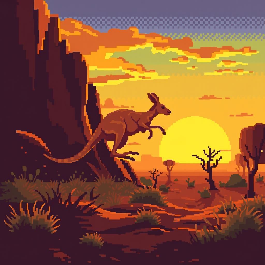 8-Bit Kangaroo Jumps in Sunset Outback