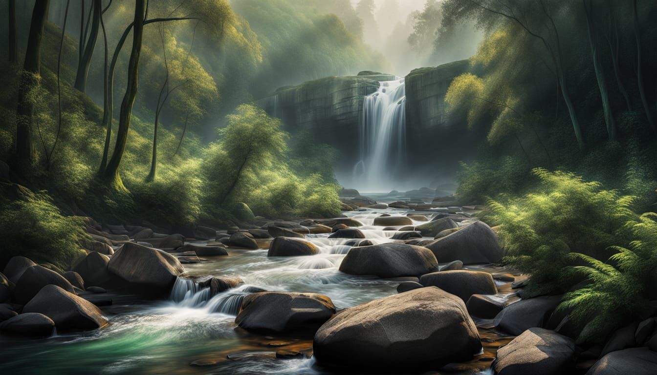 Impasto Waterfall Masterpiece with Dramatic Lighting