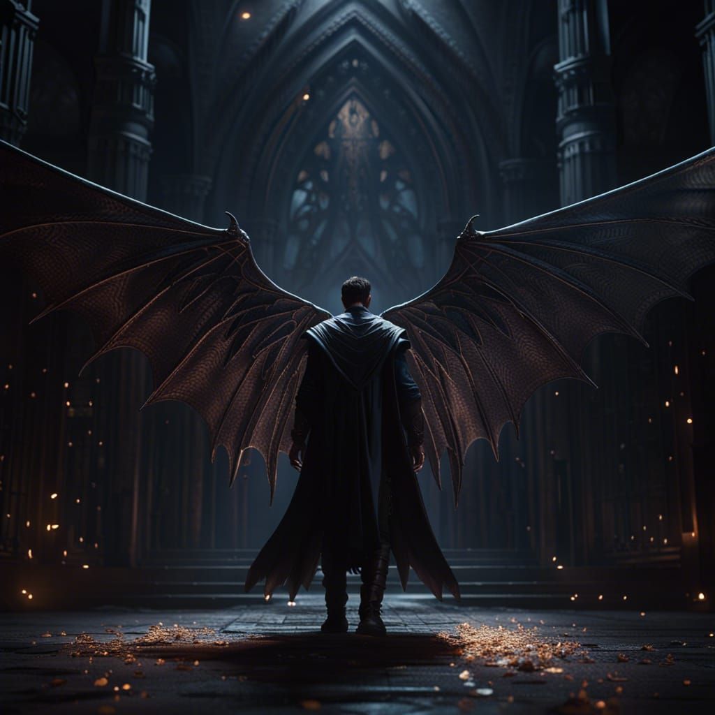 Dark Fantasy: Man with Bat Wings in Art Nouveau Style