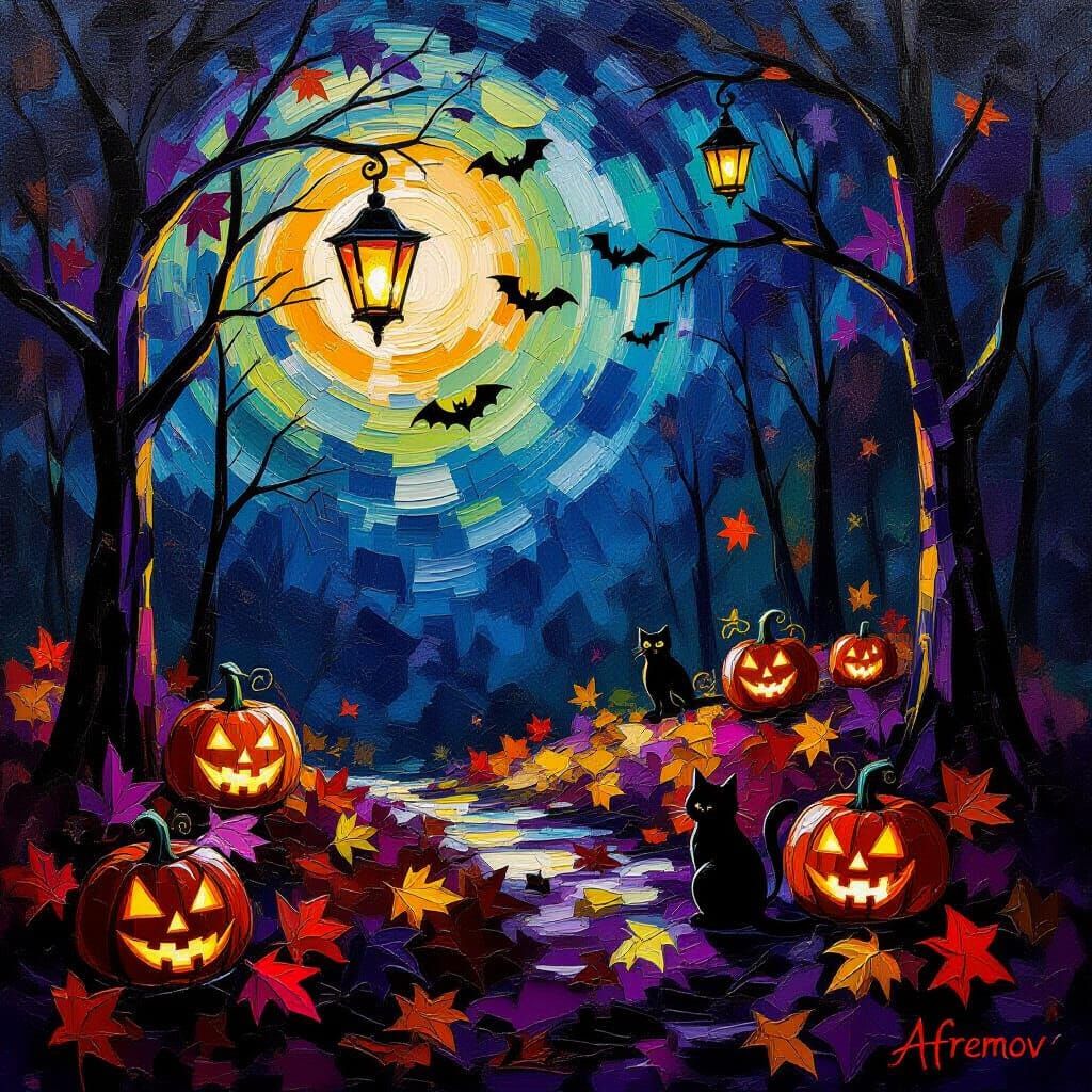 Glowing Halloween Night in Impasto Style