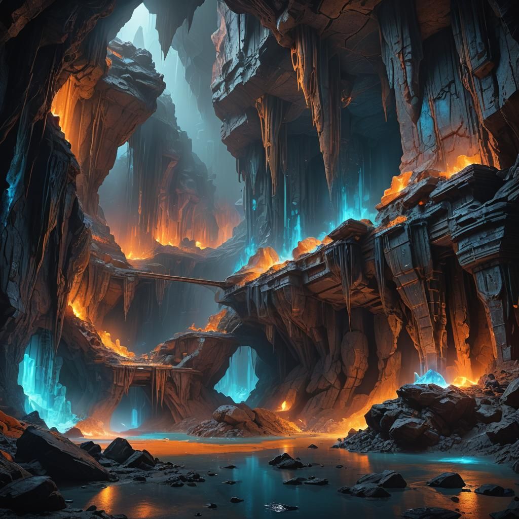 Alien Base in Mine: Glowing Structures, Matte Painting