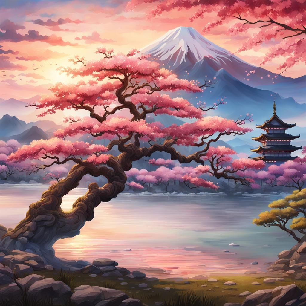 Sakura Tree by Lake at Sunset: Watercolor Painting