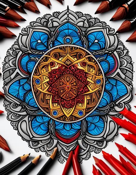 COLORING PAGE_ BLACK SPIDER MANDALA  BLUE EYES_ YELLOW EYES_CYBER PUNK (MIDNIGHT) BLUE AND BLOOD RED, splash arts, aesth...