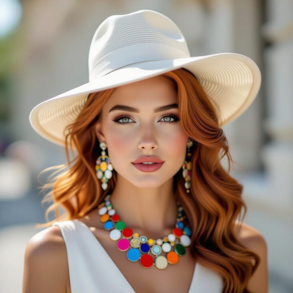 a stylish young woman with cascading red hair as the central...