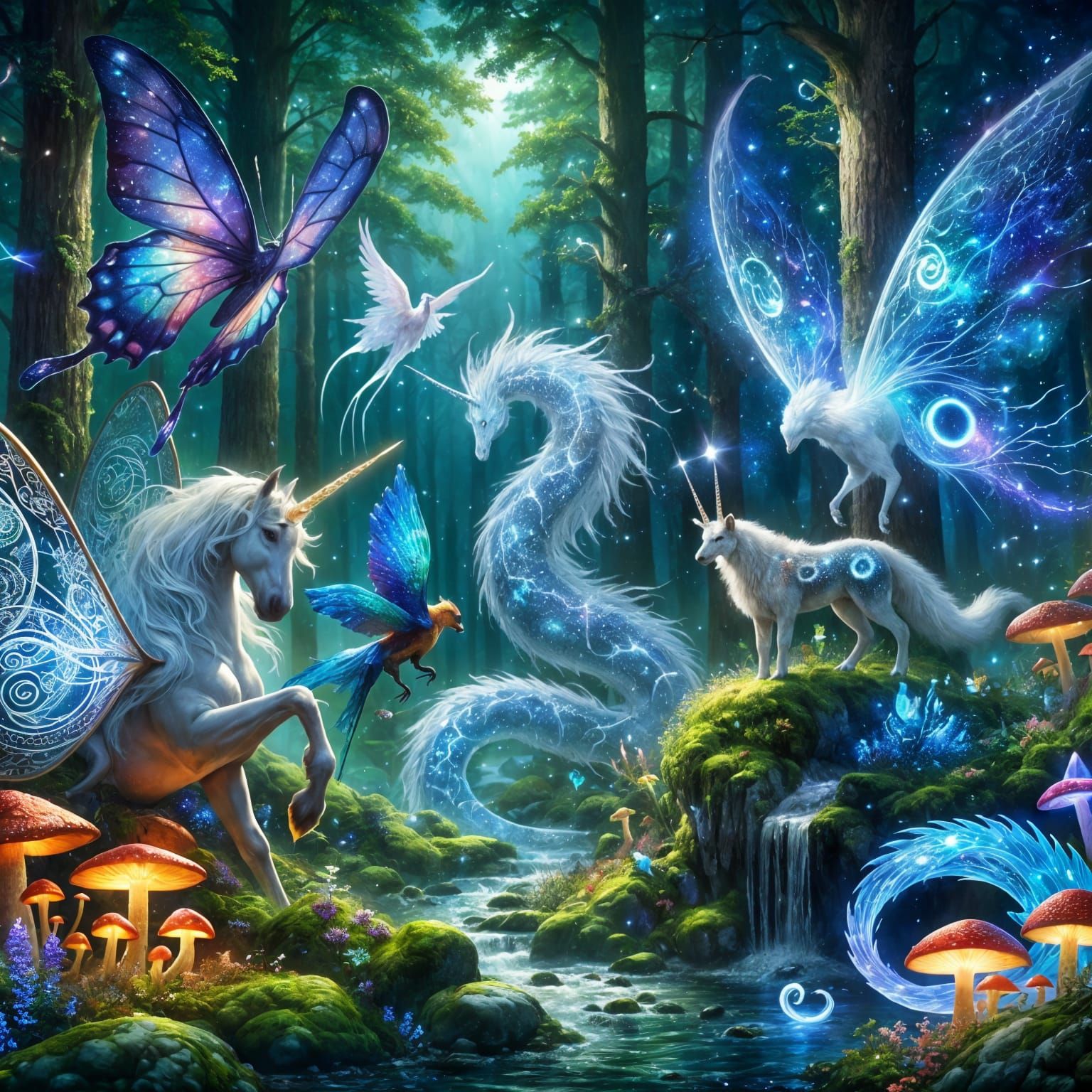 Enchanted Forest Scene with Fantasy Creatures