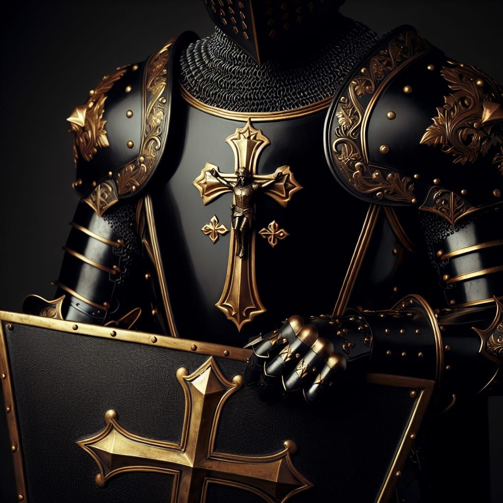 Medieval Knight in Black Armor with Gold Cross