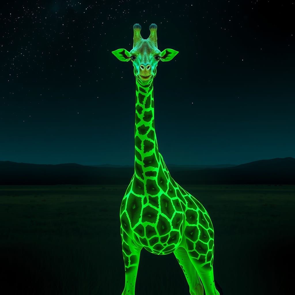 Neon Giraffe in Sci-Fi Savannah Landscape