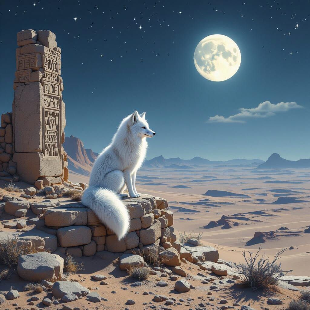 Arctic Fox on Ancient Ruin Under Starlit Desert Sky