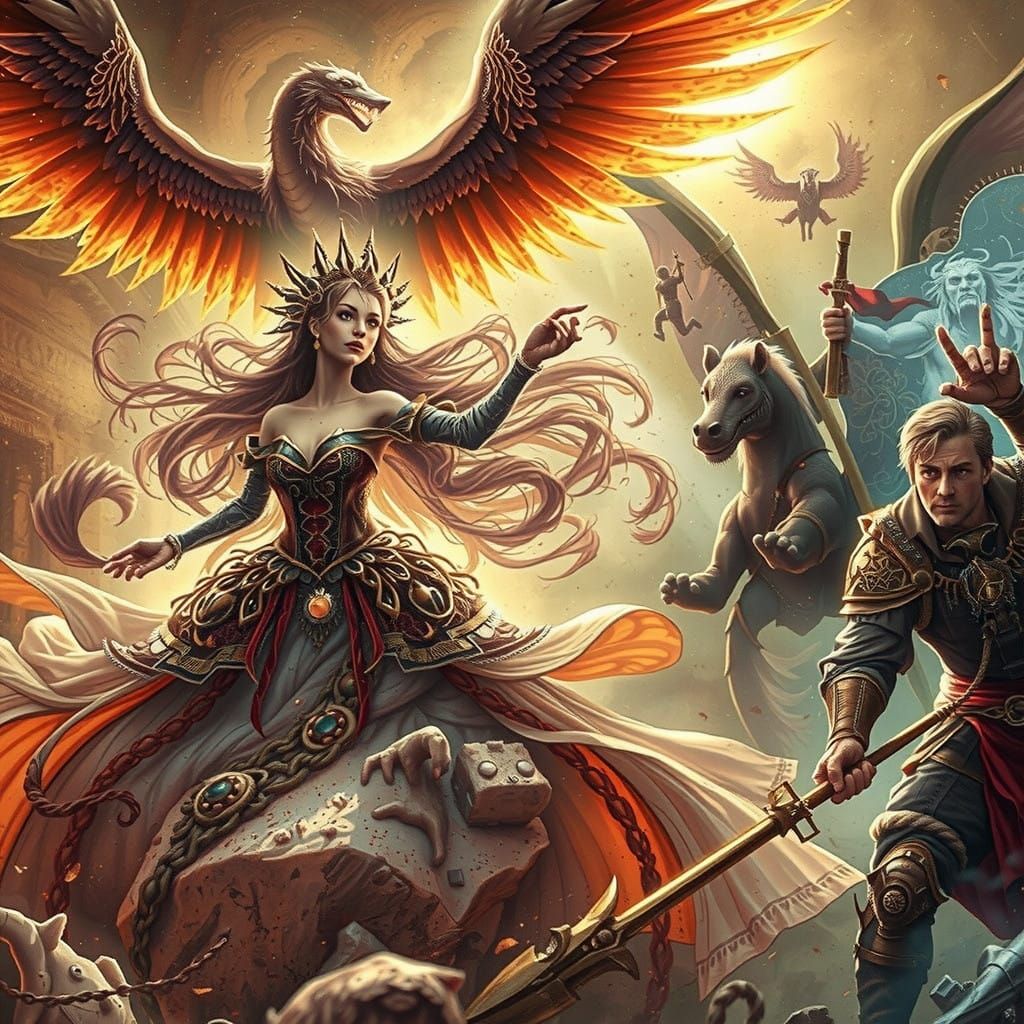 Heroic Figure Stands Alone on a Dramatic, Misty Cliff at Sun...