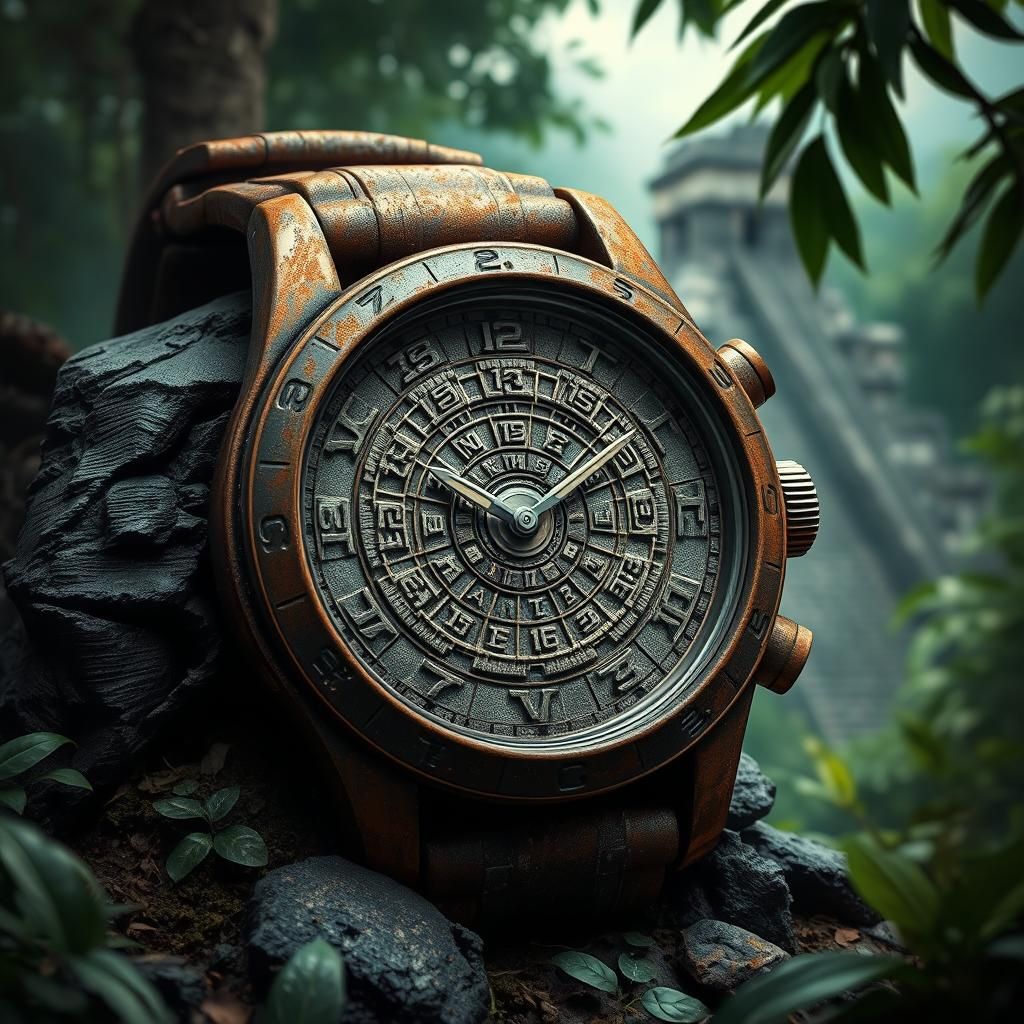 Mayan Calendar Watch in Jungle: Hyperrealistic Concept Art