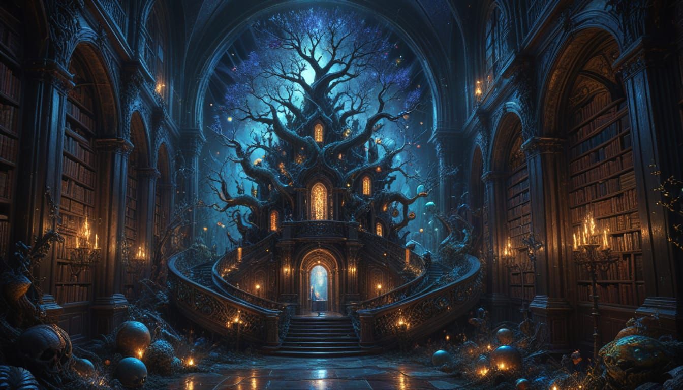 Hidden Tree Library: Cosmic Mixed Media Illustration