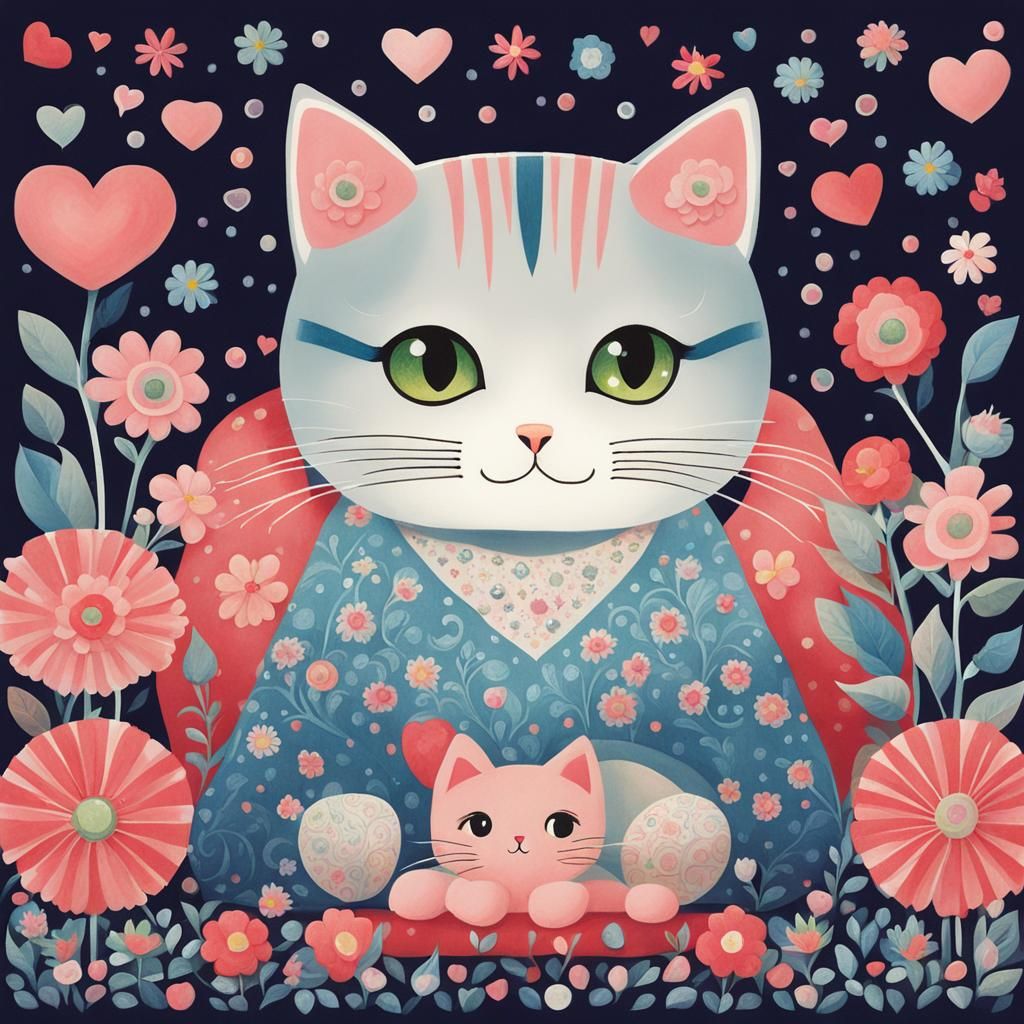 Cute Cat Surrounded by Flowers in Pop Art Style