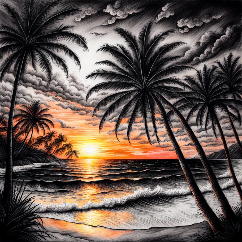 Hyperdetailed Charcoal Drawing of a Tropical Sunset