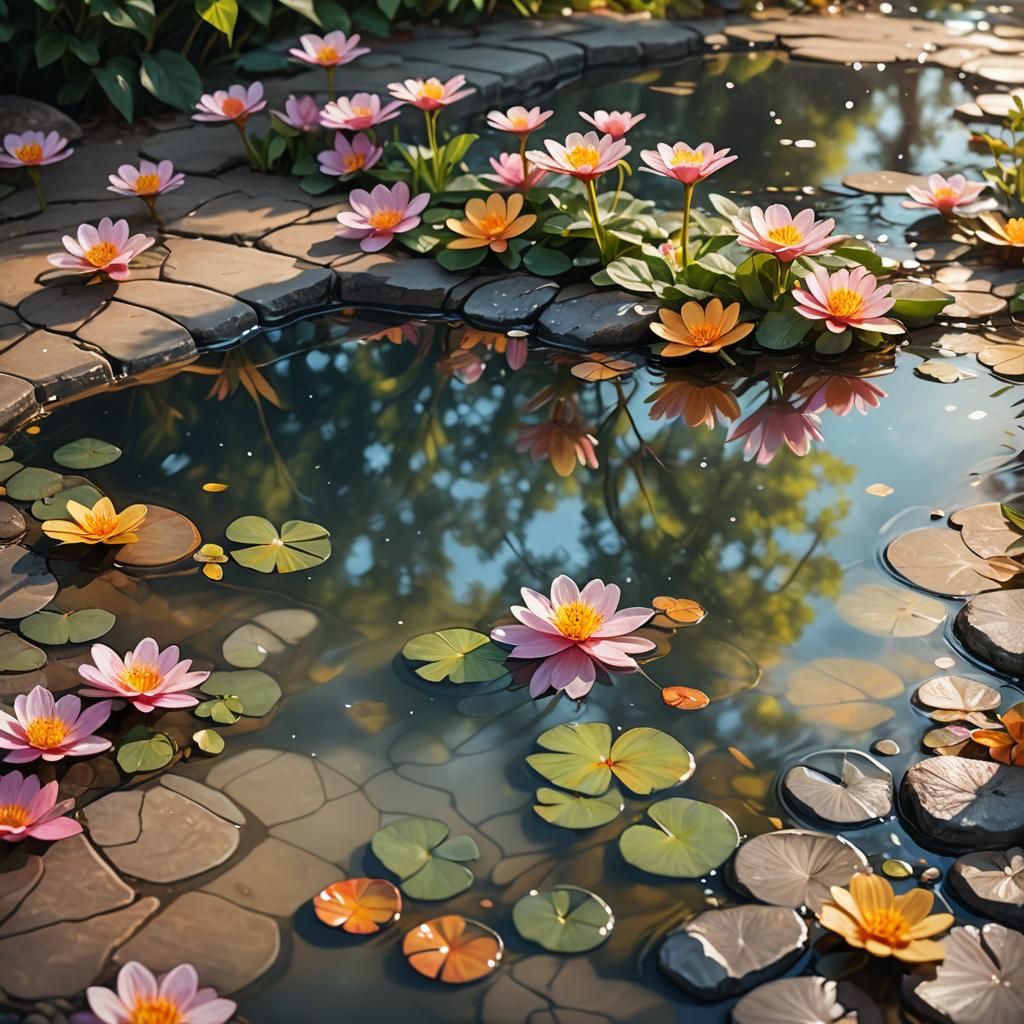Flowers Reflecting in Puddle: Hyperrealistic Digital Paintin...