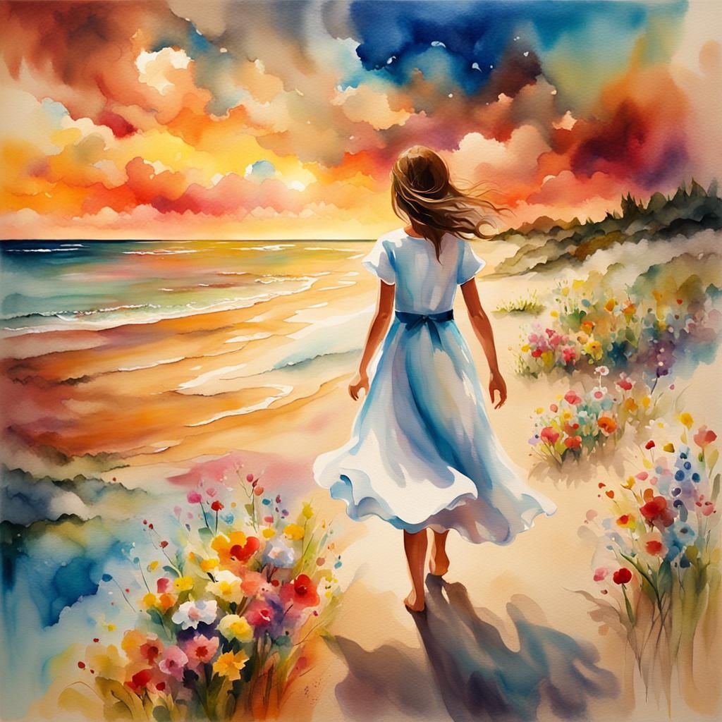 Surreal Watercolor of Girl on Dream Beach