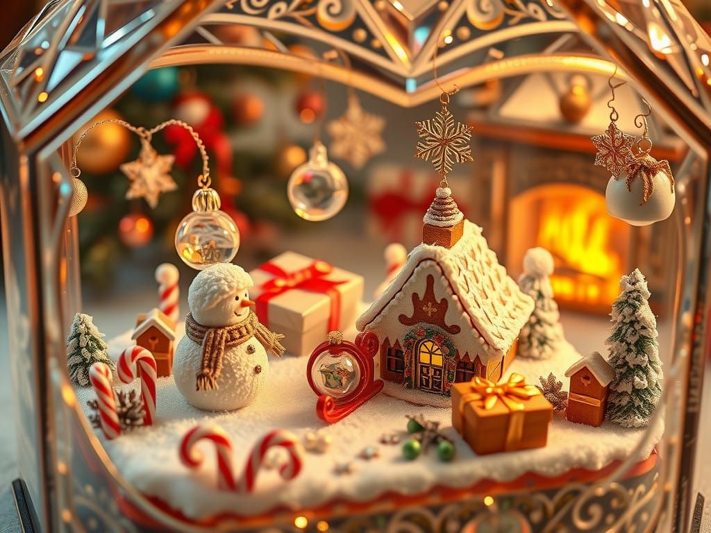 Whimsical Christmas Miniature Scene in Vintage Glass Box