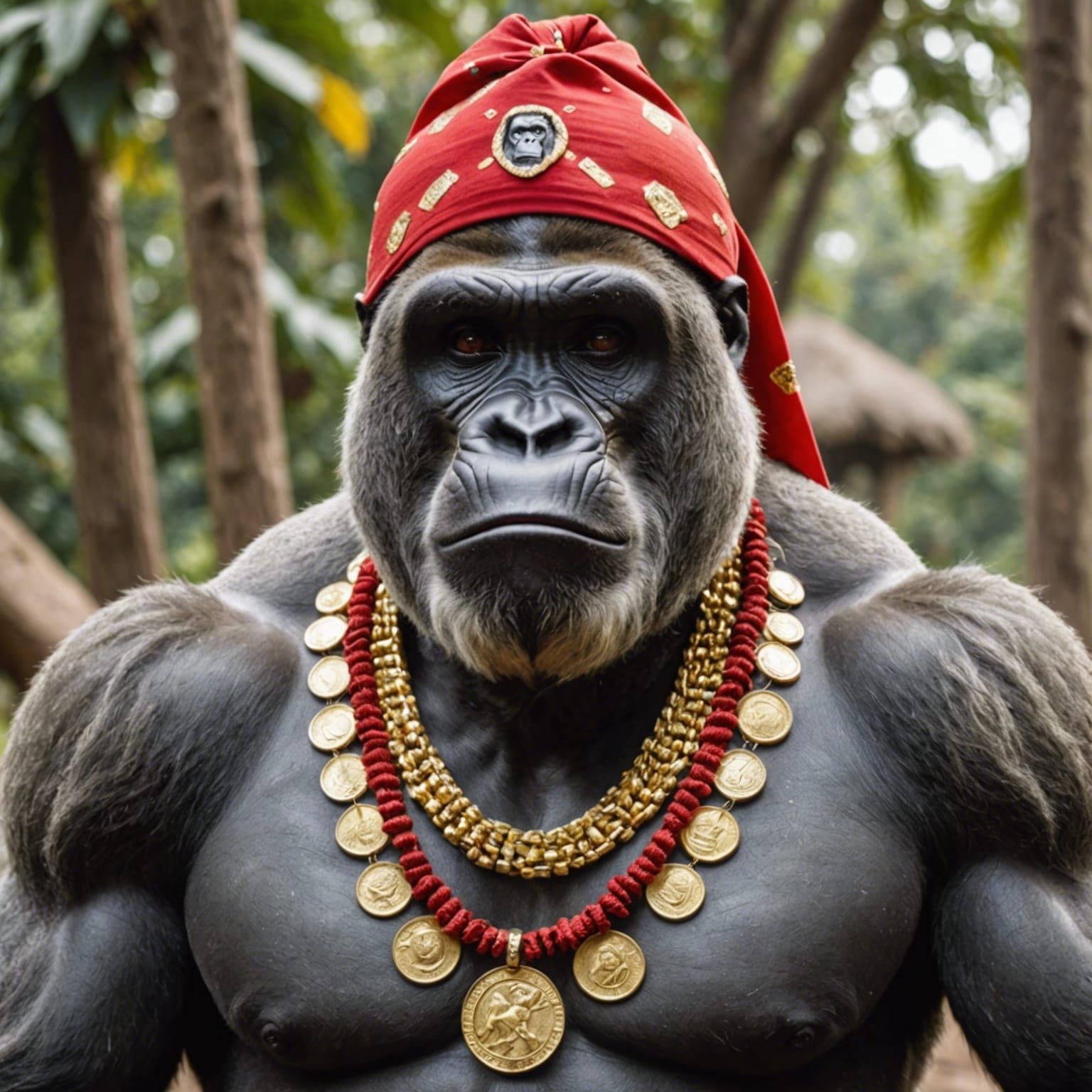 Buff Harambe gorilla with a nose ring and a red bandana tied...