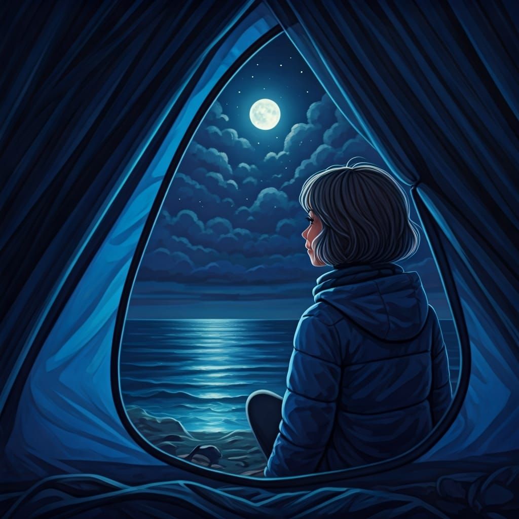 Moonlit Sea Scene with Girl in Tent