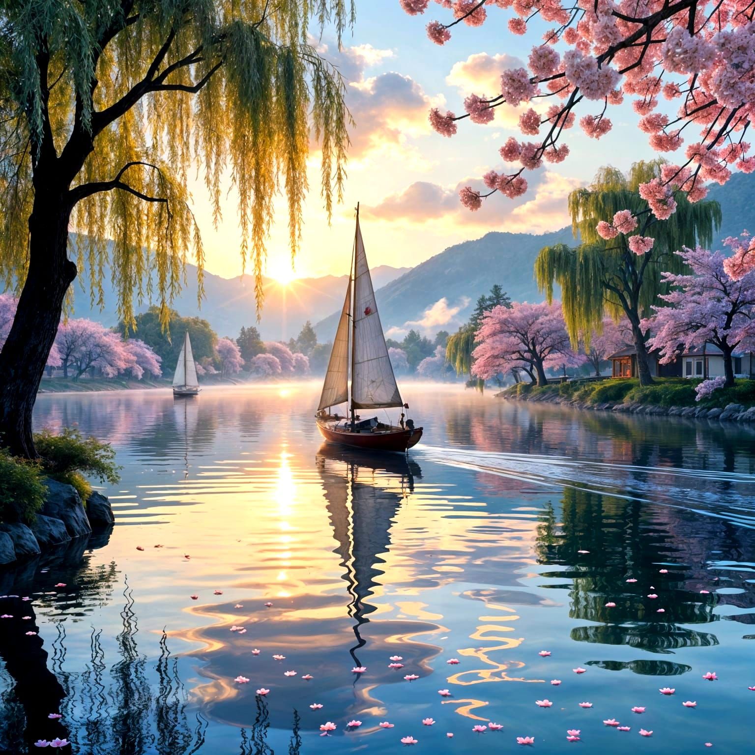 Tranquil Lake at Dawn with Sailing Boat and Blossoms