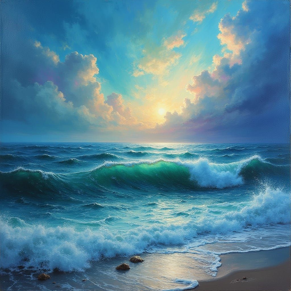 Ethereal Romantic Sea Landscape in Vibrant Iridescent Light