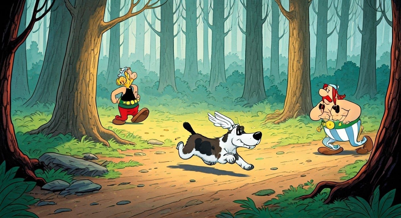 Dogmatix's Wild Boar Chase: Uderzo-Style Cartoon