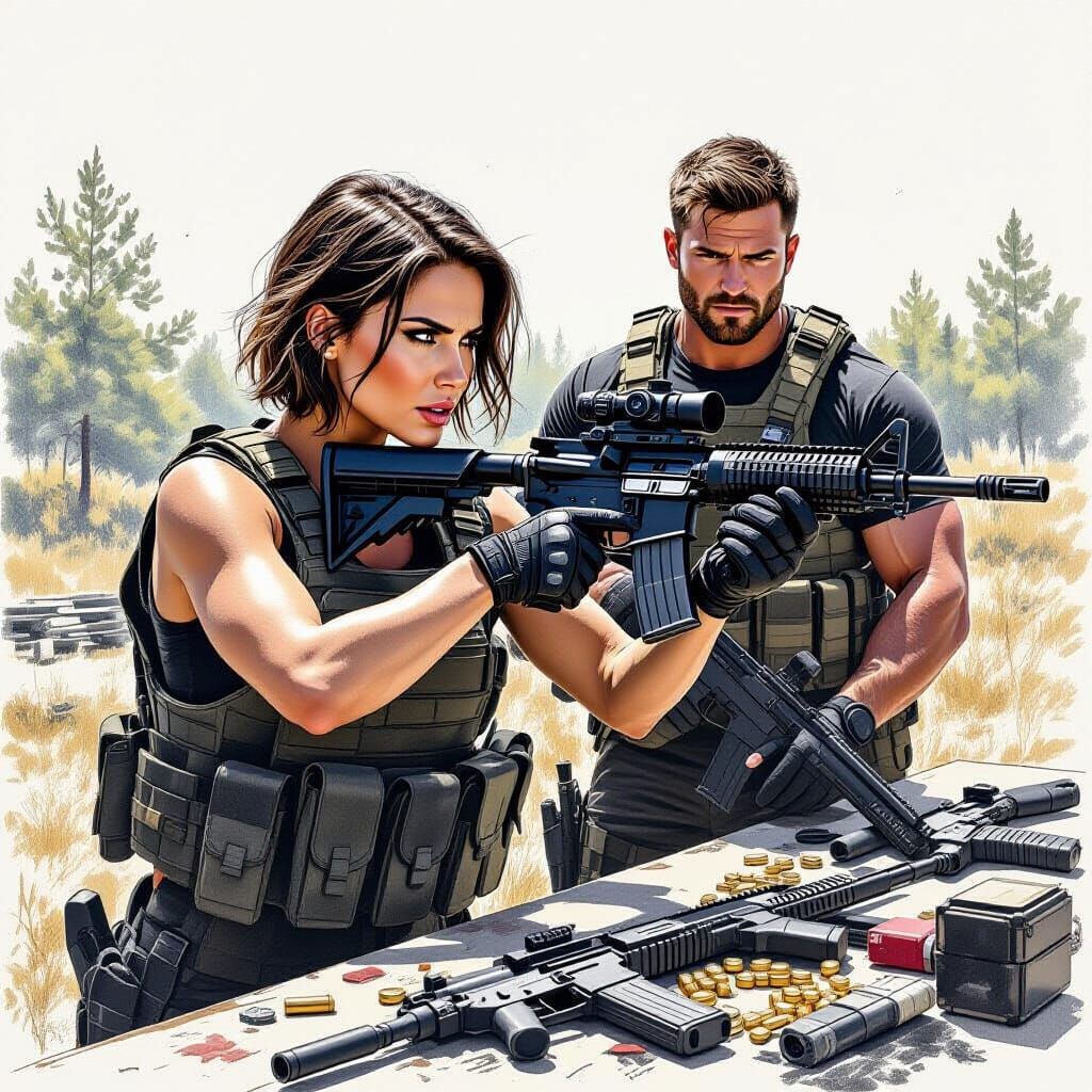 Woman at Shooting Range: Hyperdetailed Charcoal Drawing