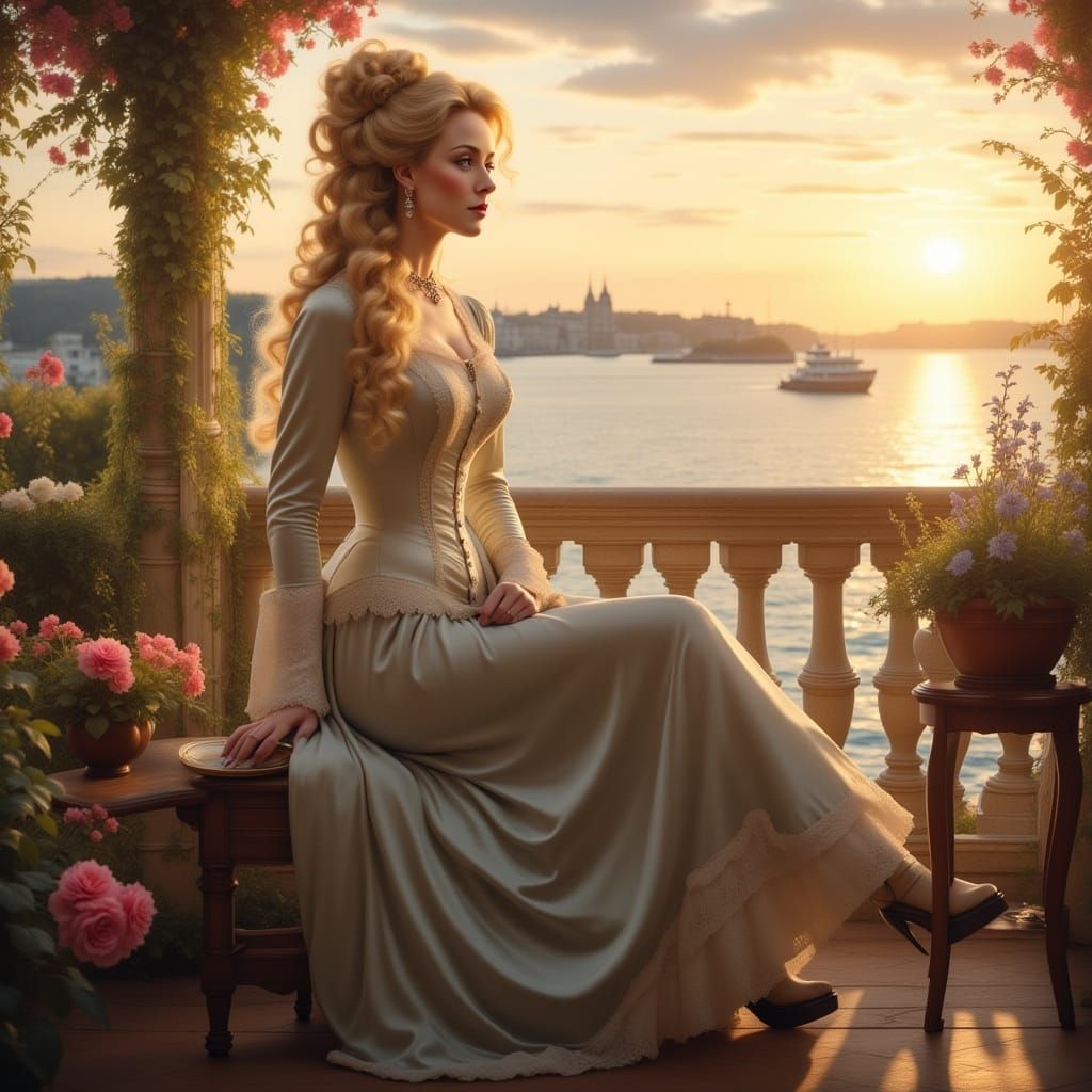 Victorian Woman on Terrace at Sunset in Digital Painting Sty...