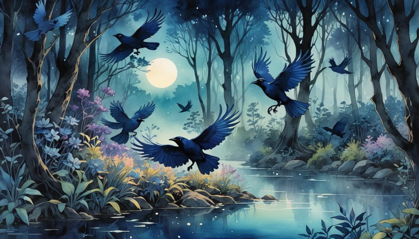 Blue Forest with Crows: Whimsical Watercolor Painting