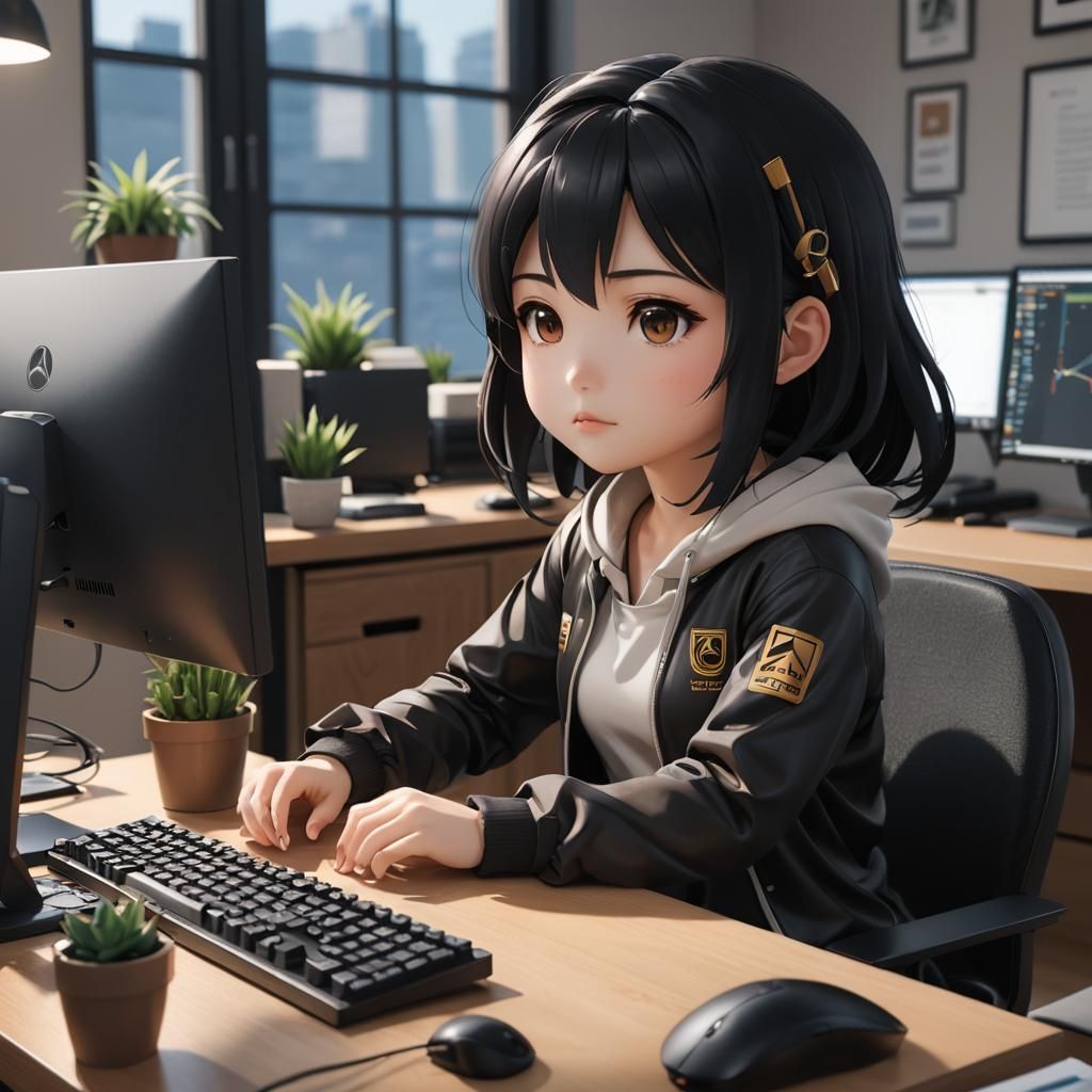 Chibi Girl at Computer: 3D Anime Art