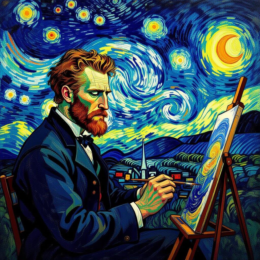 Van Gogh Painting Swirling Night Sky in Art Nouveau Style