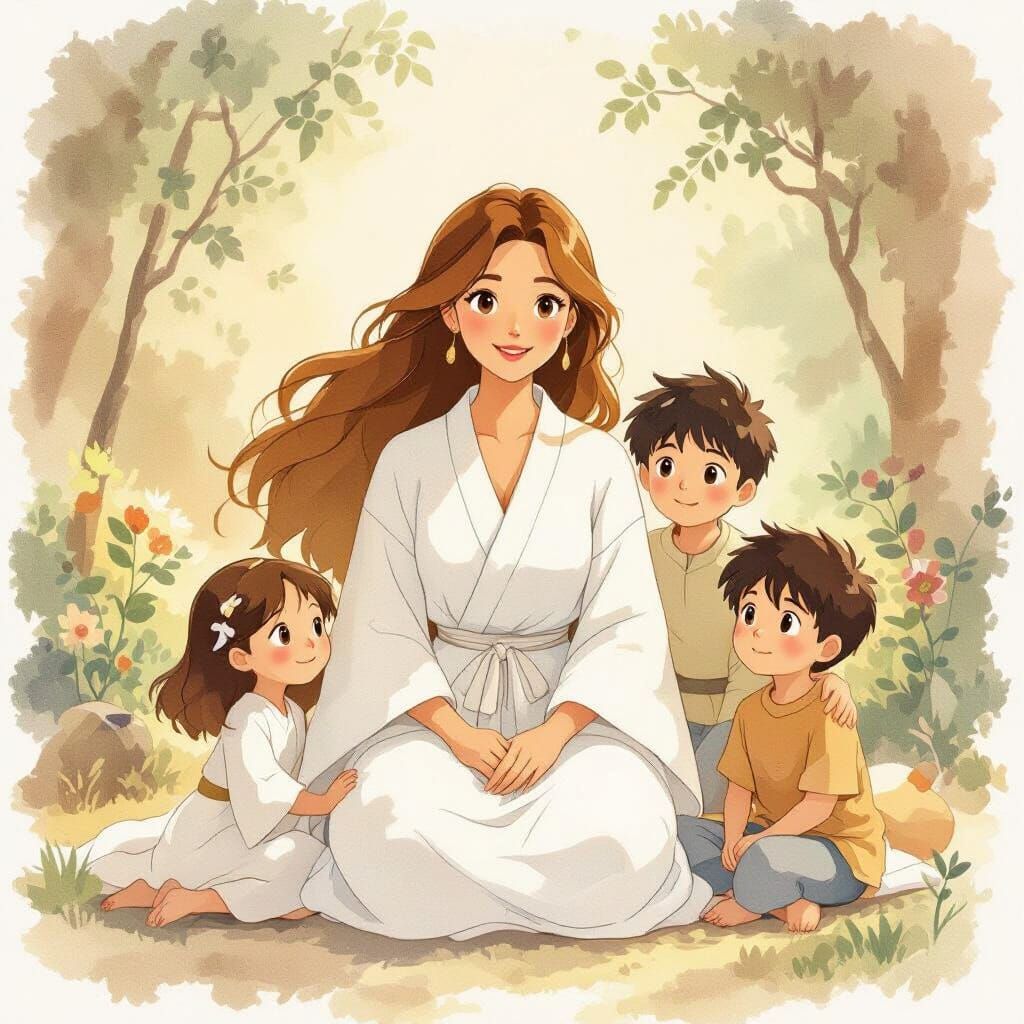 Ghibli-Inspired Mother and Children in Watercolor Style