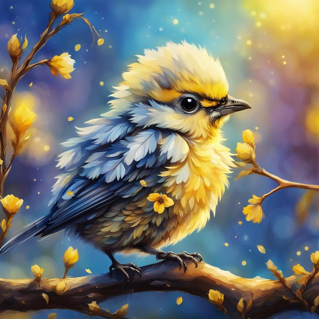 Cute Yellow Bird in Golden Flower Field