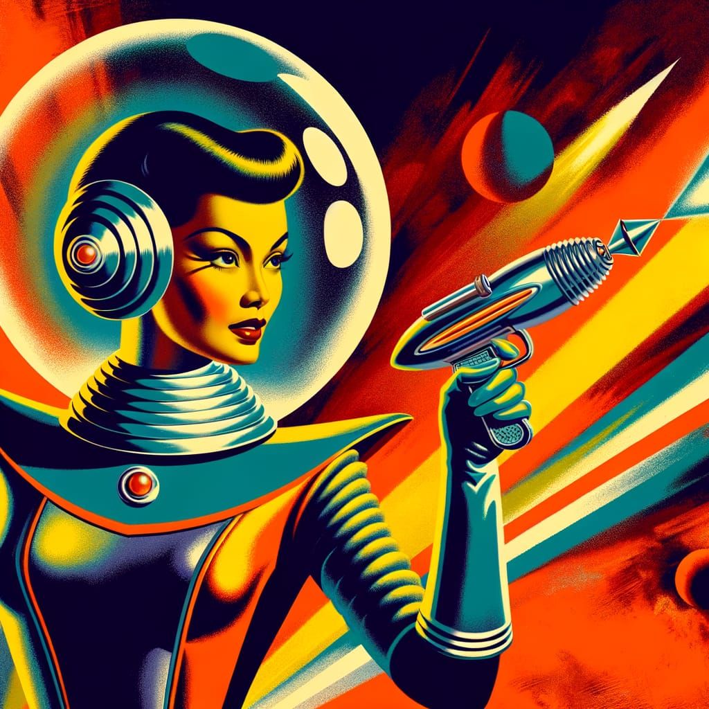 Voluptuous Space Adventuress in Retro Sci-Fi Poster