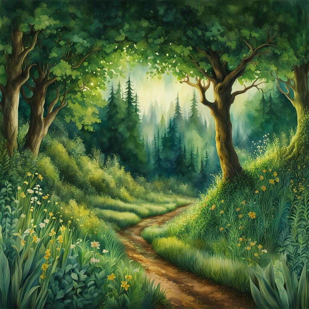 Whimsical Watercolor Meadow in Green Tones