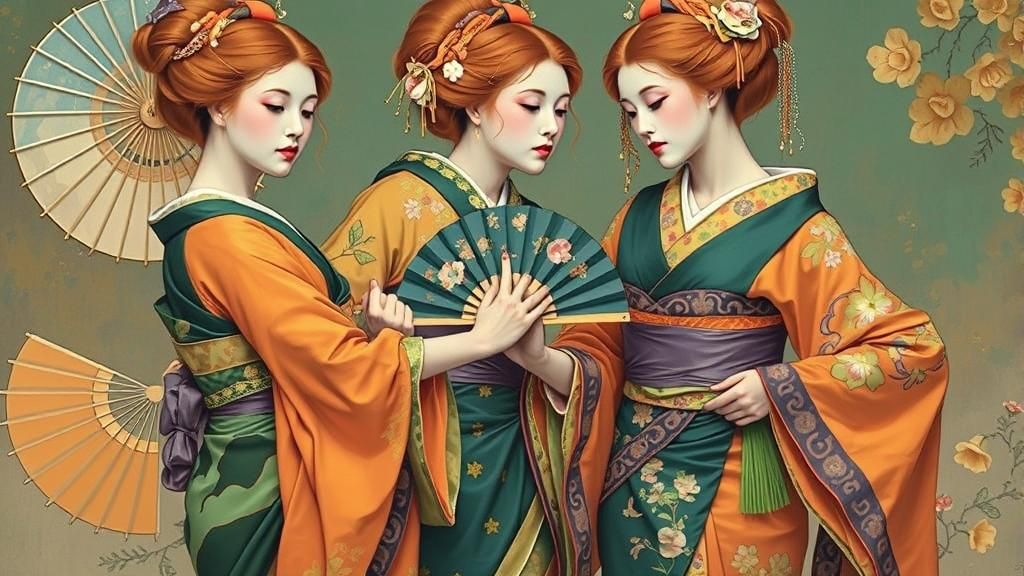 Geishas in Traditional Dance, Art Nouveau Style