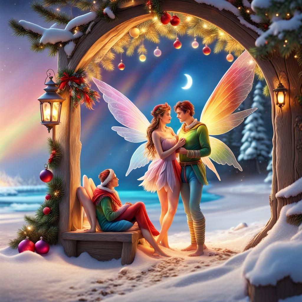 Rainbow Winged Fairy Couple in Picturesque Christmas Scene