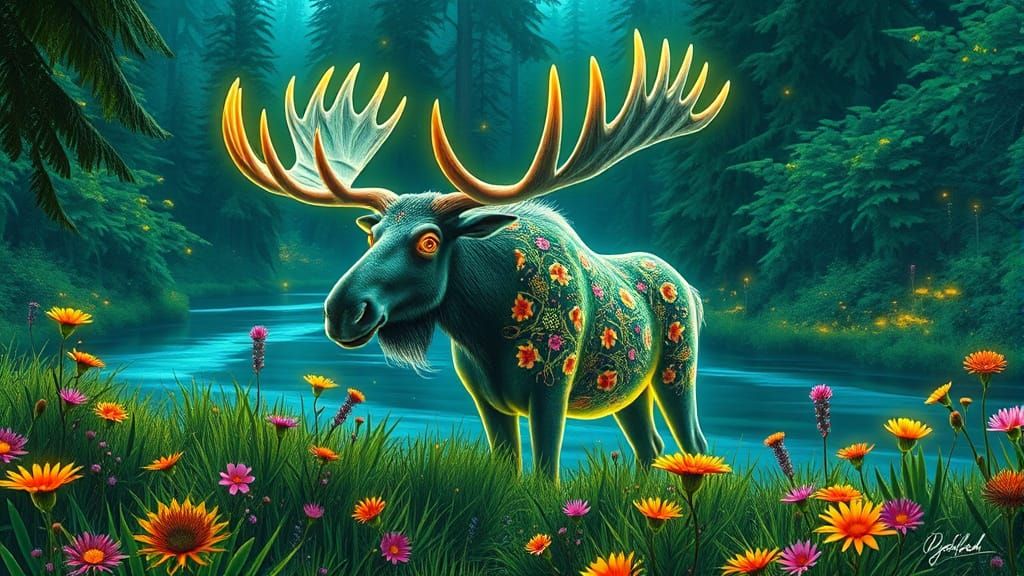 Luminous Fractal Moose in Emerald Landscape