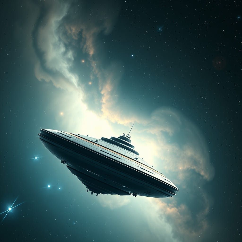 A Saucer Spaceship Meets a Glowing Nebula in a Cosmic Encoun...