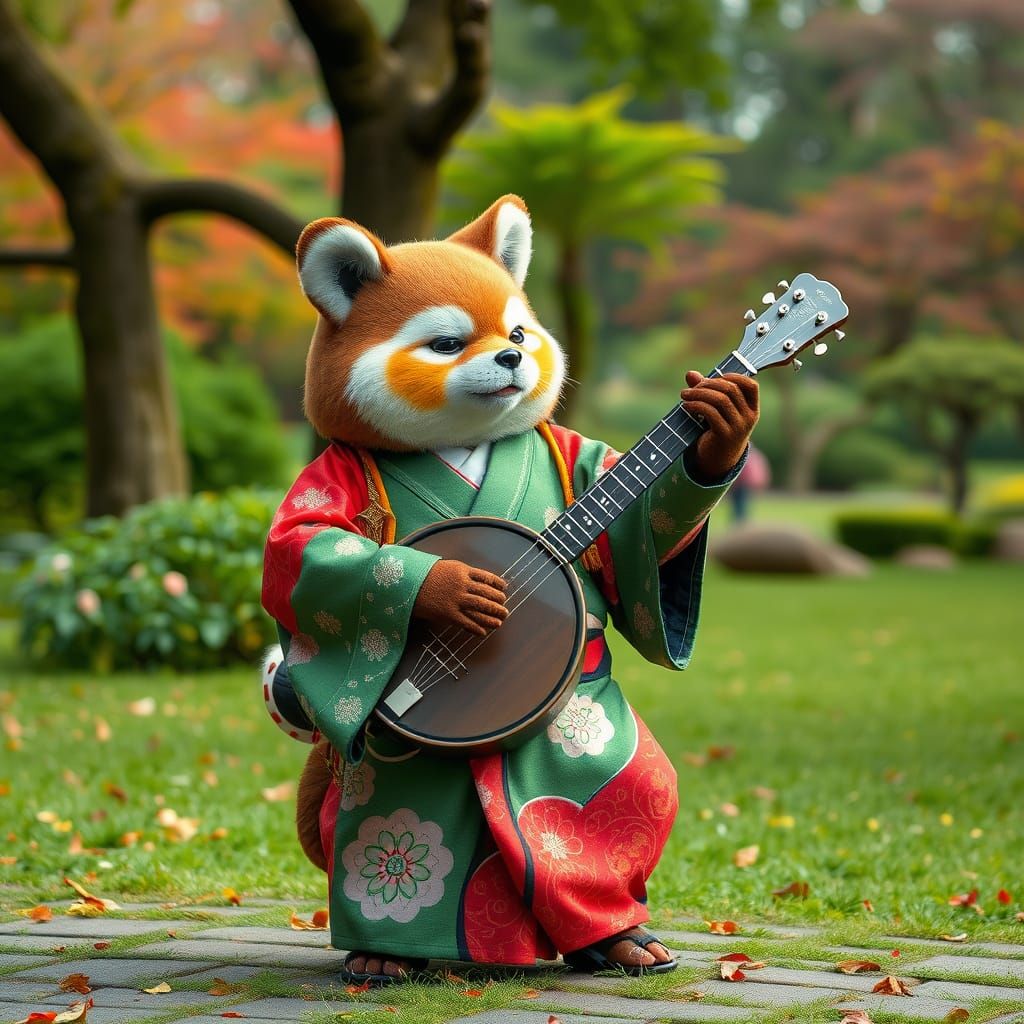 Tanuki in Kimono Plays Banjo in Park