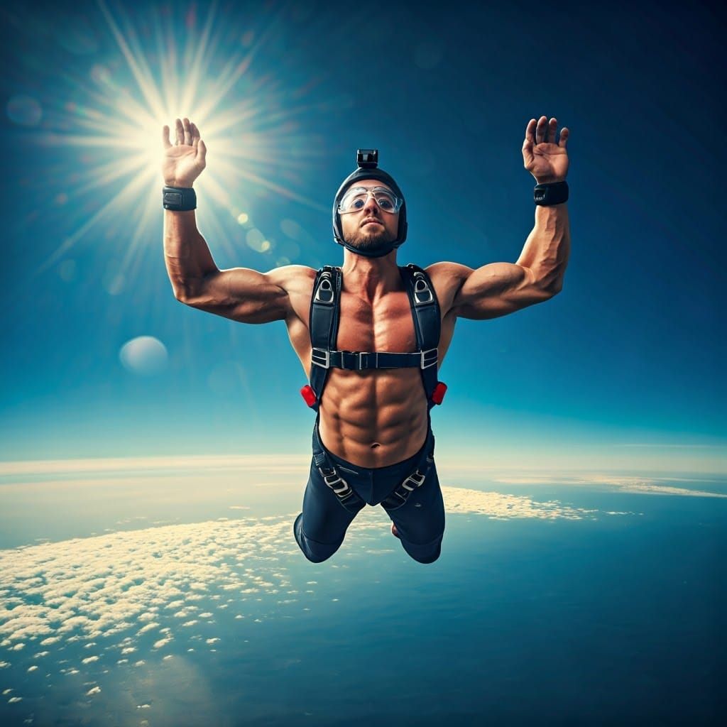 Muscular Man Skydiving on Summer Day in 8K