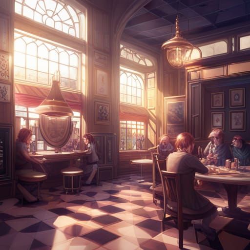 Dreamlike Cafe in Fantasy Sunlight, Detailed Art