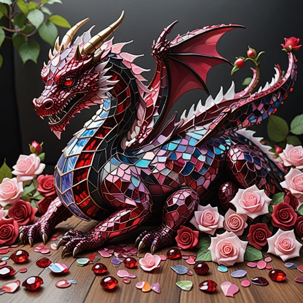 Surreal Dragon Unfurls from Stained Glass Roses in Vibrant H...