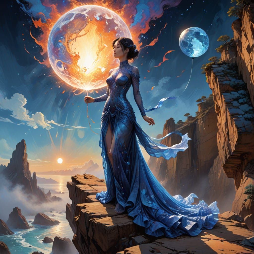 Moonfire Woman on a Cliff: Fantasycore Art