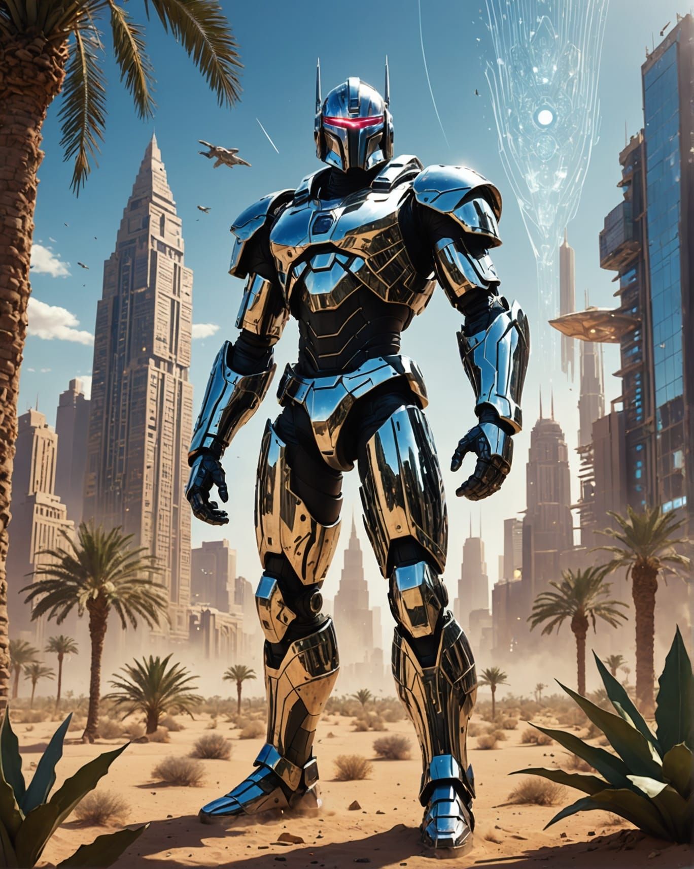 Futuristic Crystal Cityscape with Cyborg Knight