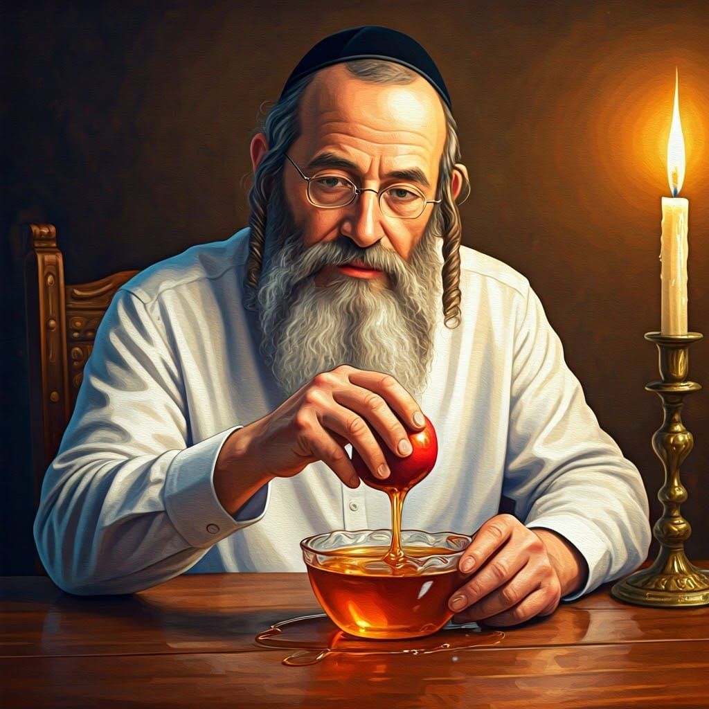 Orthodox Jew Dipping Apple in Honey, Gouache Style
