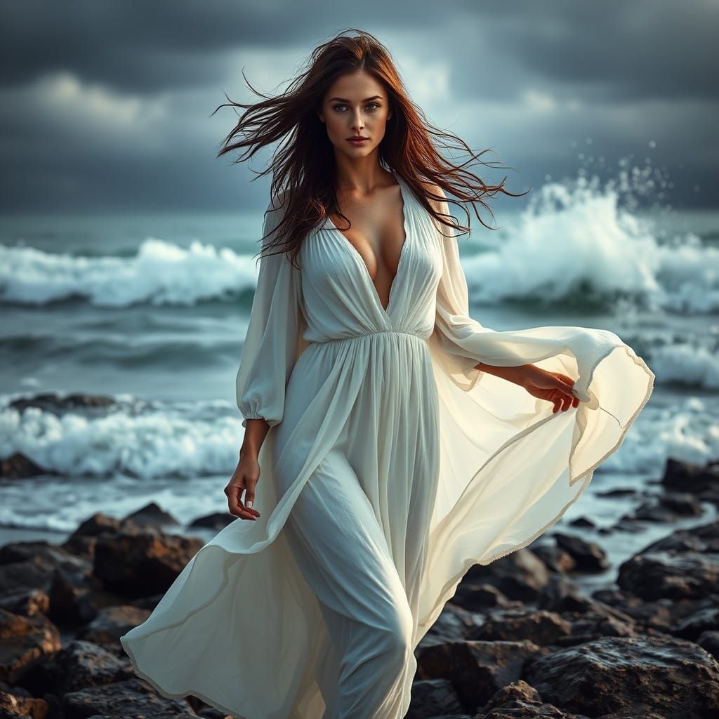 Goddess of the Stormy Coast in Moody, 8K Matte Painting