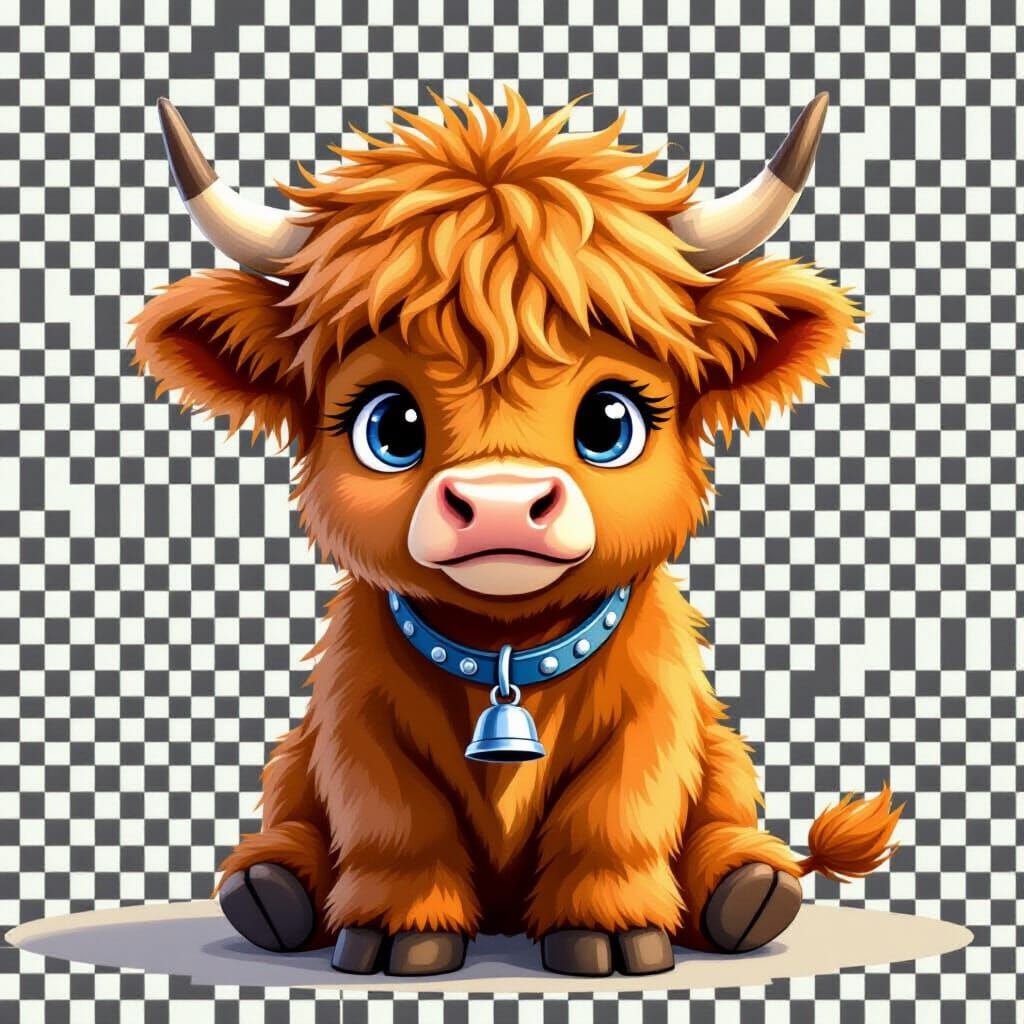 Sad Cartoon Highland Cow Calf with Blue Eyes and Bell