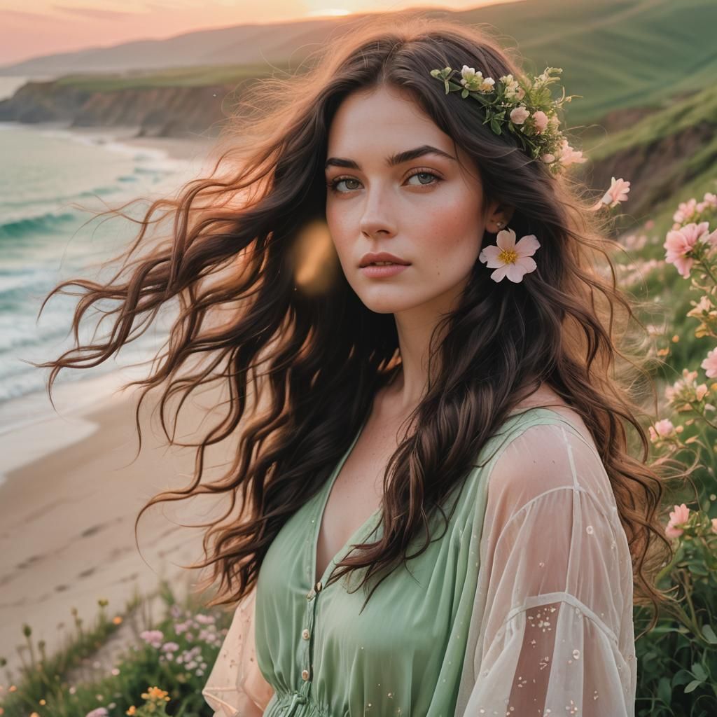 Ethereal Woman Watching Sunrise Over Beach