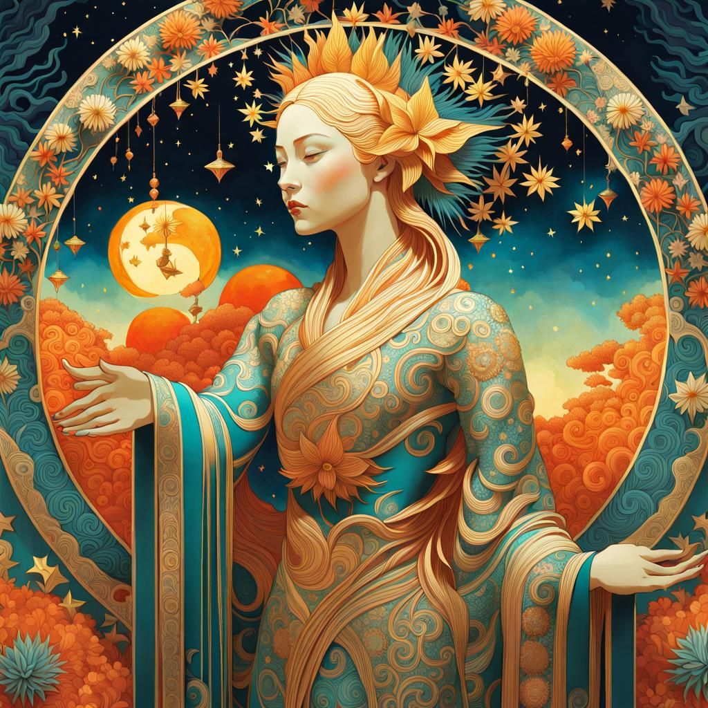 Celestial Woman in Surreal Sun and Moon Starscape
