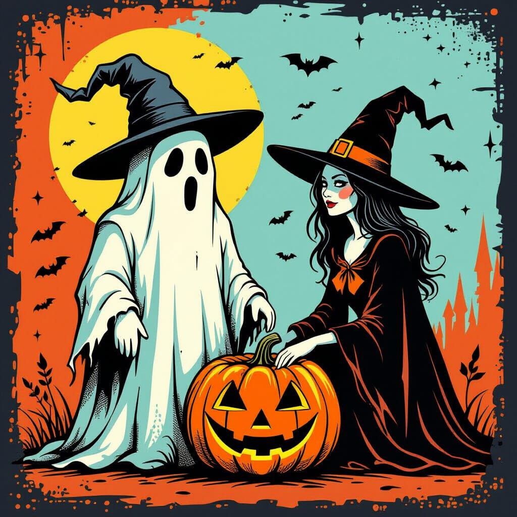 Vintage Halloween Characters in Vector Illustration Style